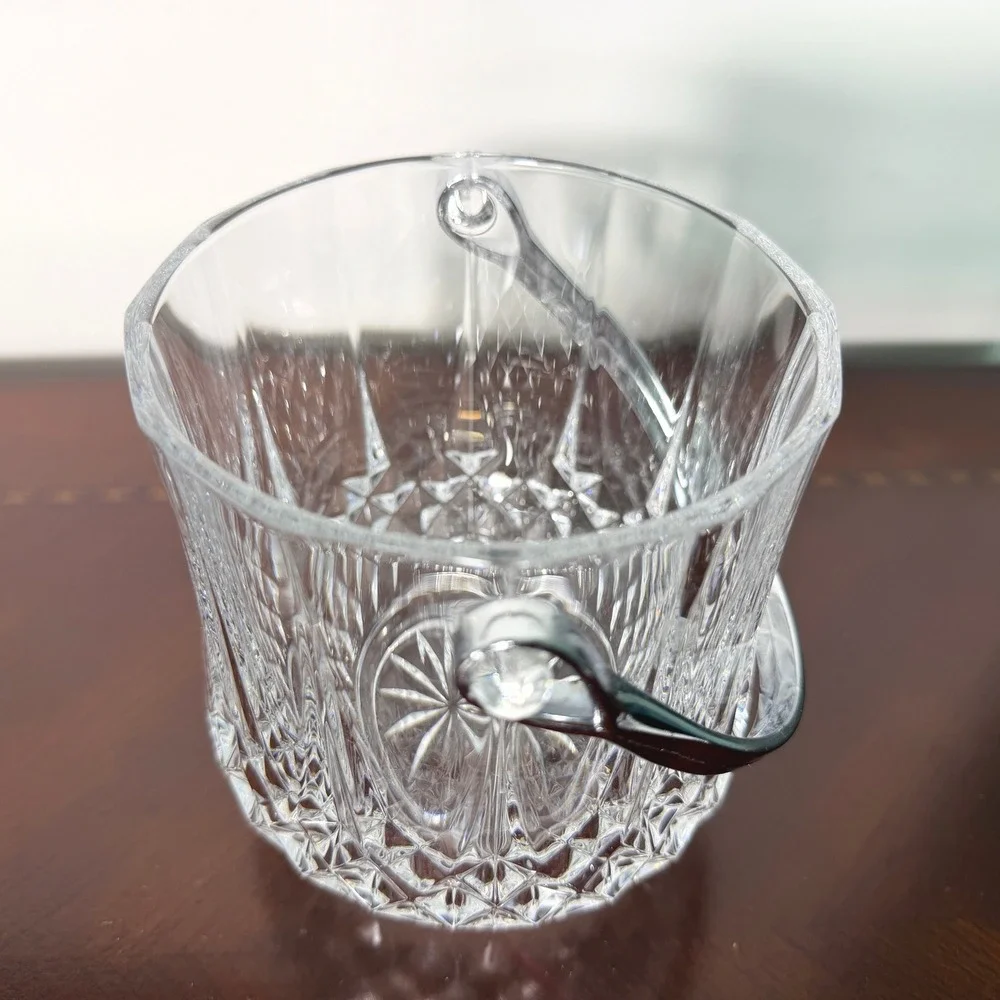 Vintage Cut Crystal Ice Bucket Chrome Handle & Tongs Starburst MCM Barware 5